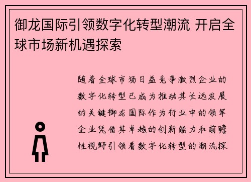 御龙国际引领数字化转型潮流 开启全球市场新机遇探索